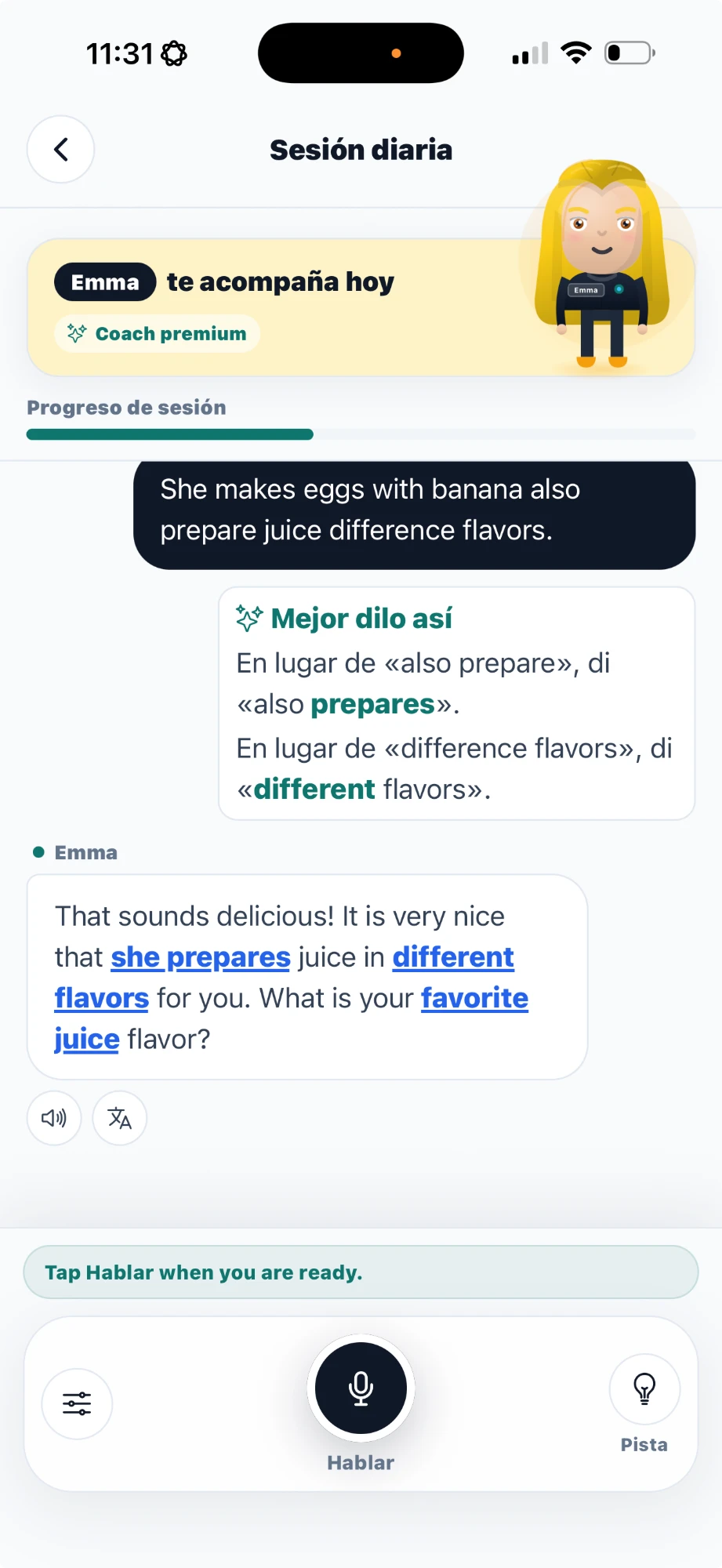 Clase de inglés en FluentIA: el coach responde y la tarjeta «Mejor dilo así» corrige la frase del alumno